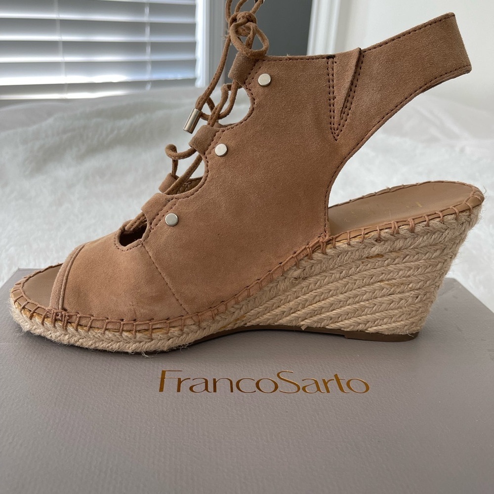 Franco Sarto Tan Wedge Peep-Toe Sandals